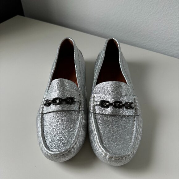 Coach Silver Metallic Crosby Driver Loafers Size 8 - Picture 1 of 6